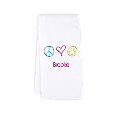 Personalized Burp Cloth with Peace Love Happiness - Designs by Chad & Jake