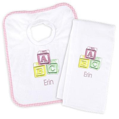 Personalized Basic Bib & Burp Cloth Set with ABC Blocks Pastel - Designs by Chad & Jake