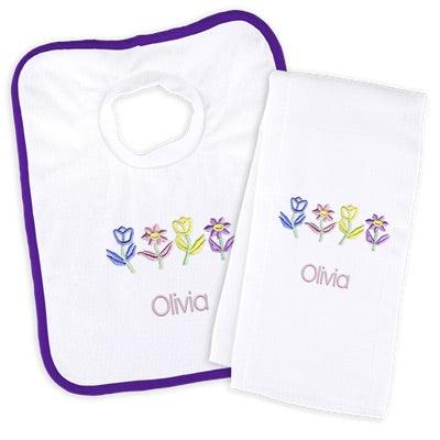 Personalized Basic Bib & Burp Cloth Set with Flowers - Designs by Chad & Jake