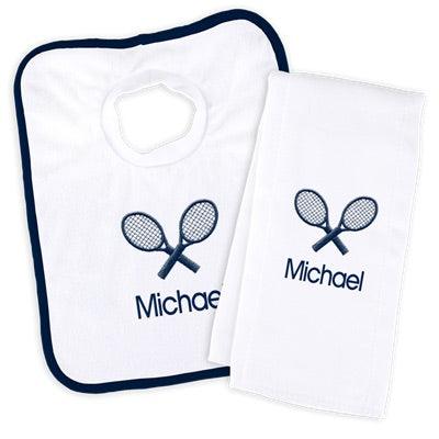 Personalized Basic Bib & Burp Cloth Set with Tennis Rackets - Designs by Chad & Jake