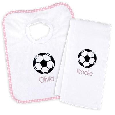 Personalized Basic Bib & Burp Cloth Set with Soccer Ball - Designs by Chad & Jake