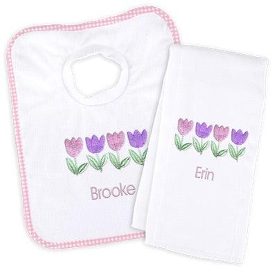 Personalized Basic Bib & Burp Cloth Set with Four Tulips - Designs by Chad & Jake