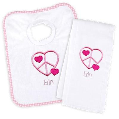 Personalized Basic Bib & Burp Cloth Set with Peace Heart - Designs by Chad & Jake