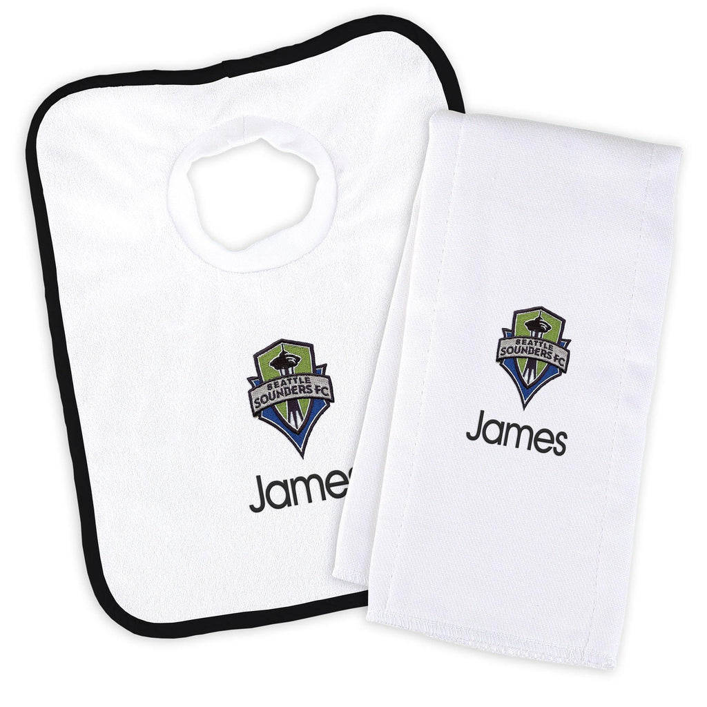 Personalized Seattle Sounders Bib and Burp Cloth Set - Designs by Chad & Jake