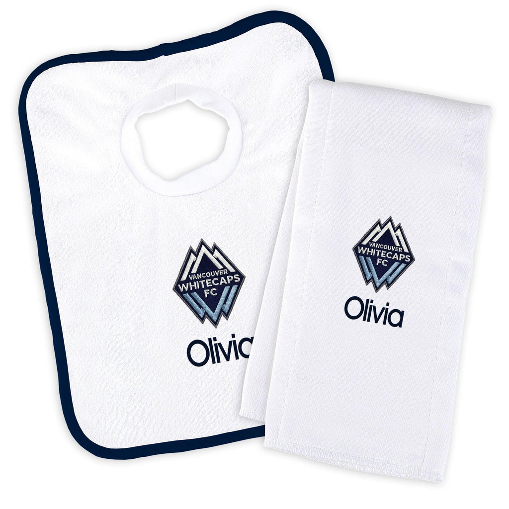 Personalized Vancouver Whitecaps Bib and Burp Cloth Set - Designs by Chad & Jake