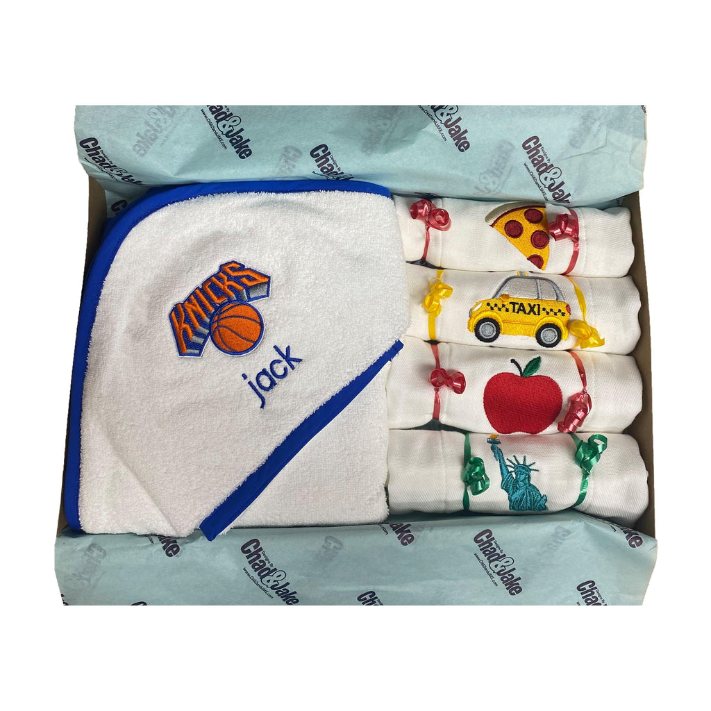 Personalized NYC Gift Box - 4 Burp Cloths & Officially Licensed Hooded Towel & Wash Cloth Gift Set - Designs by Chad & Jake