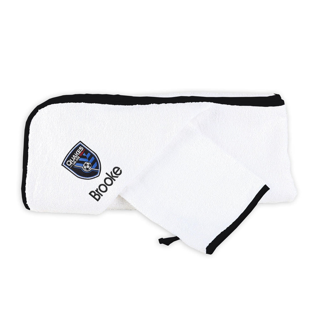 Personalized San Jose Earthquakes Hooded Towel and Wash Mitt Set - Designs by Chad & Jake