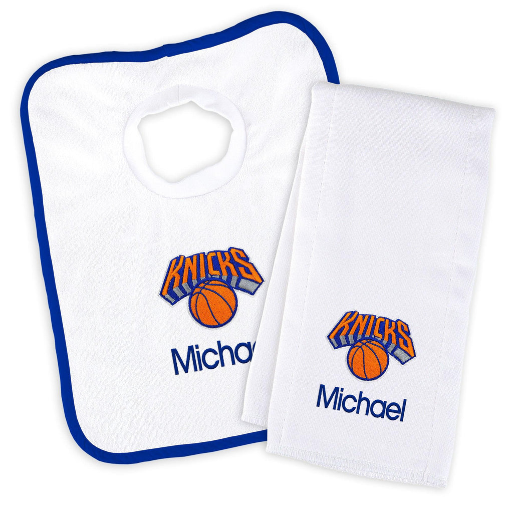 Personalized New York Knicks Bib and Burp Cloth Set - Designs by Chad & Jake