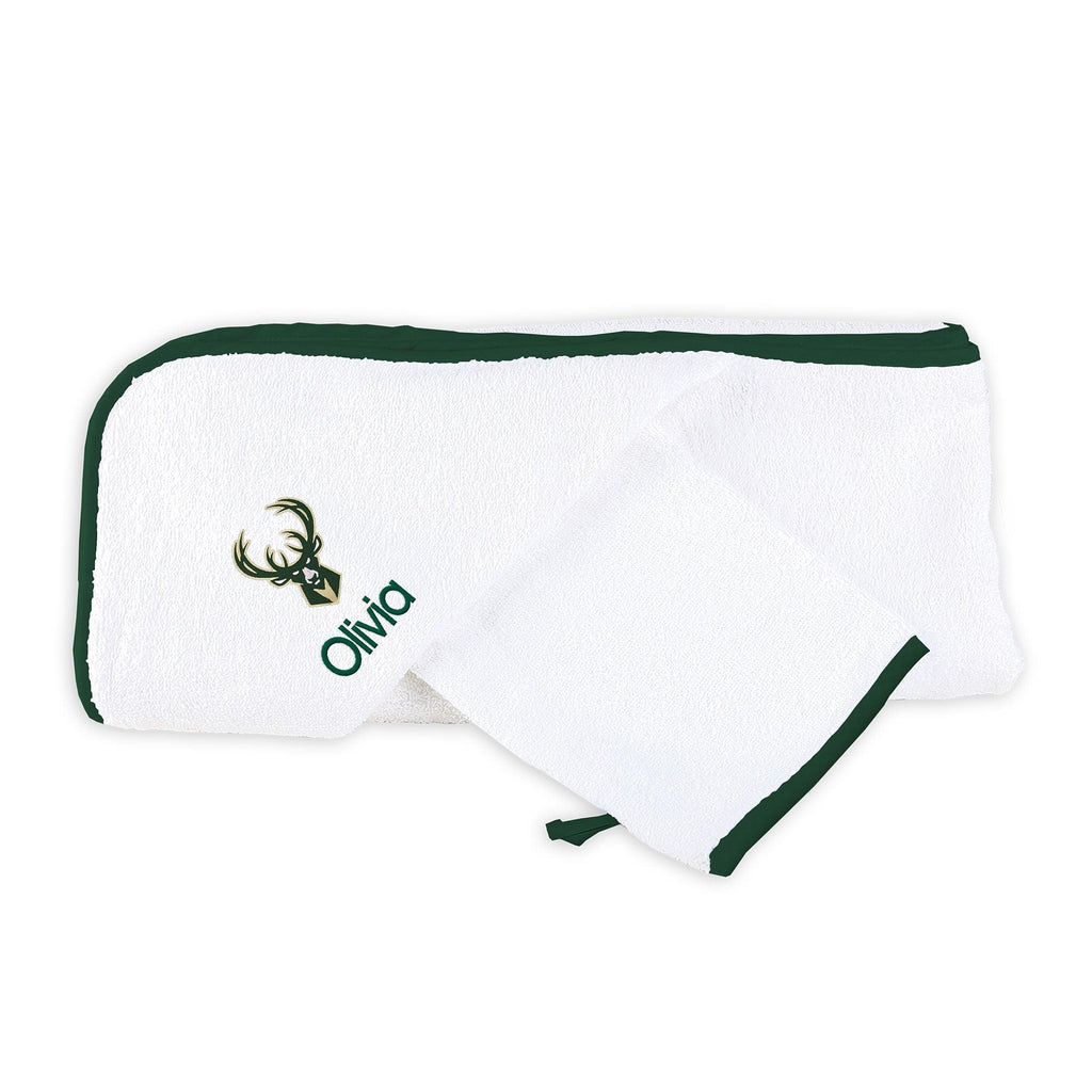 Personalized Milwaukee Bucks Hooded Towel and Wash Mitt Set - Designs by Chad & Jake