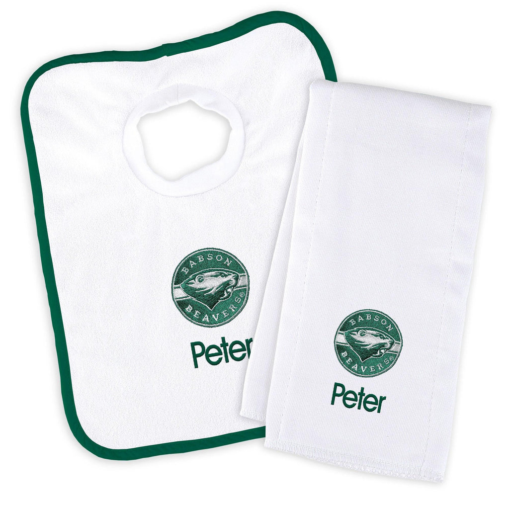 Personalized Babson Beavers Bib and Burp Cloth Set - Designs by Chad & Jake