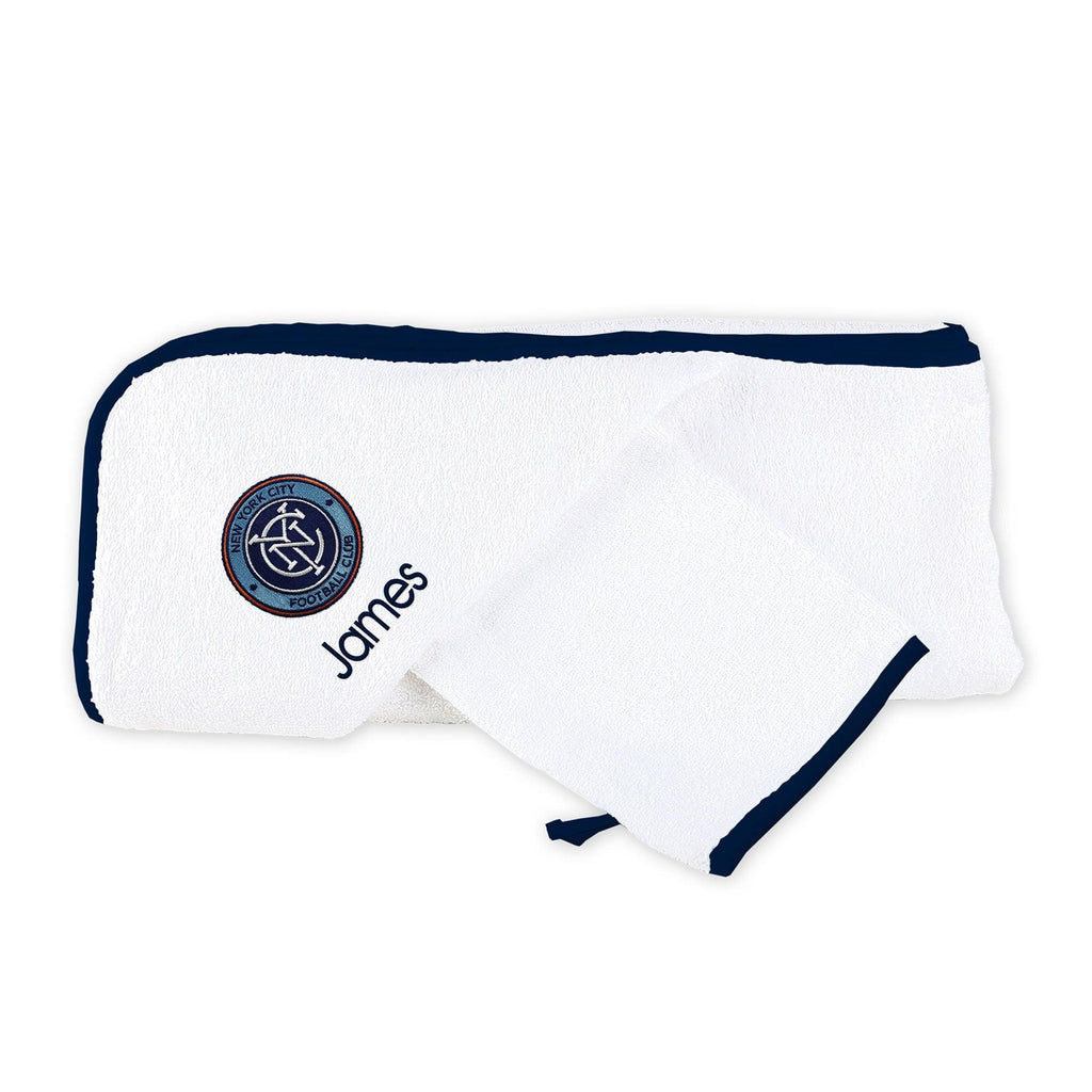 Personalized New York City FC Hooded Towel and Wash Mitt Set - Designs by Chad & Jake