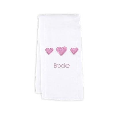 Personalized Burp Cloth with Three Hearts - Designs by Chad & Jake