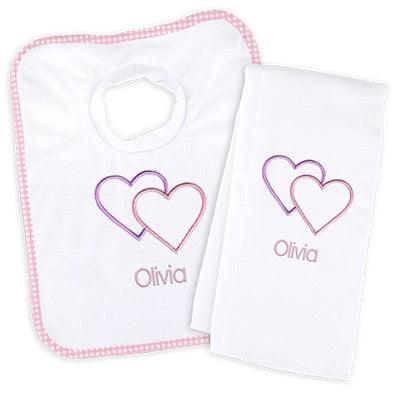 Personalized Basic Bib & Burp Cloth Set with Two Hearts - Designs by Chad & Jake