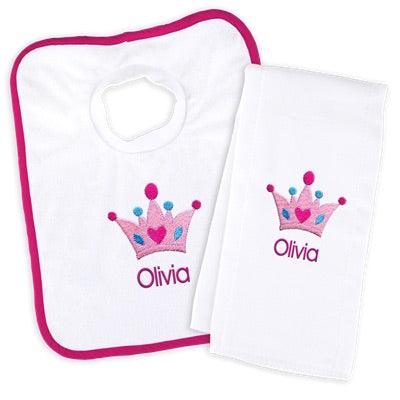 Personalized Basic Bib & Burp Cloth Set with Crown - Designs by Chad & Jake