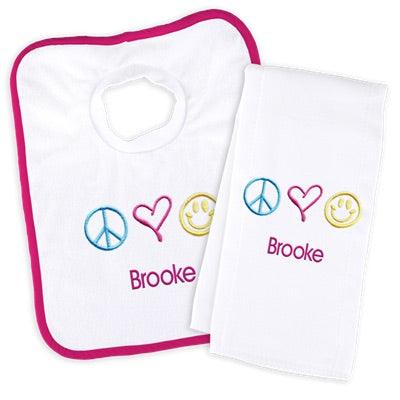 Personalized Basic Bib & Burp Cloth Set with Peace Love Happiness - Designs by Chad & Jake