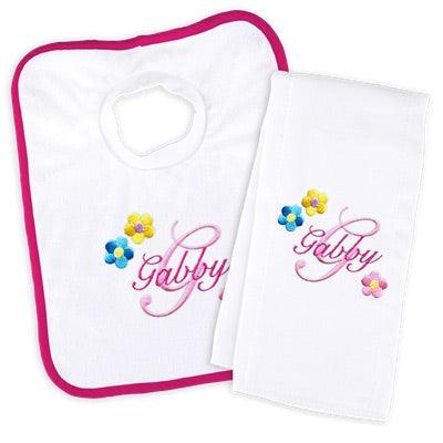 Personalized Basic Bib & Burp Cloth Set with Flowers and Initial - Designs by Chad & Jake