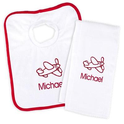 Personalized Basic Bib & Burp Cloth Set with Airplane - Designs by Chad & Jake