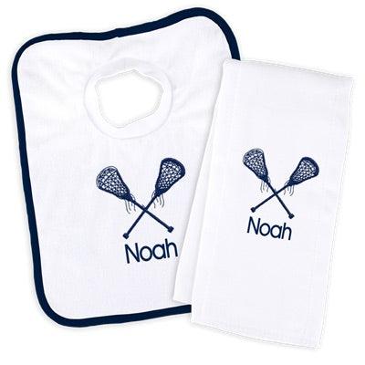 Personalized Basic Bib & Burp Cloth Set with Lacrosse Sticks - Designs by Chad & Jake