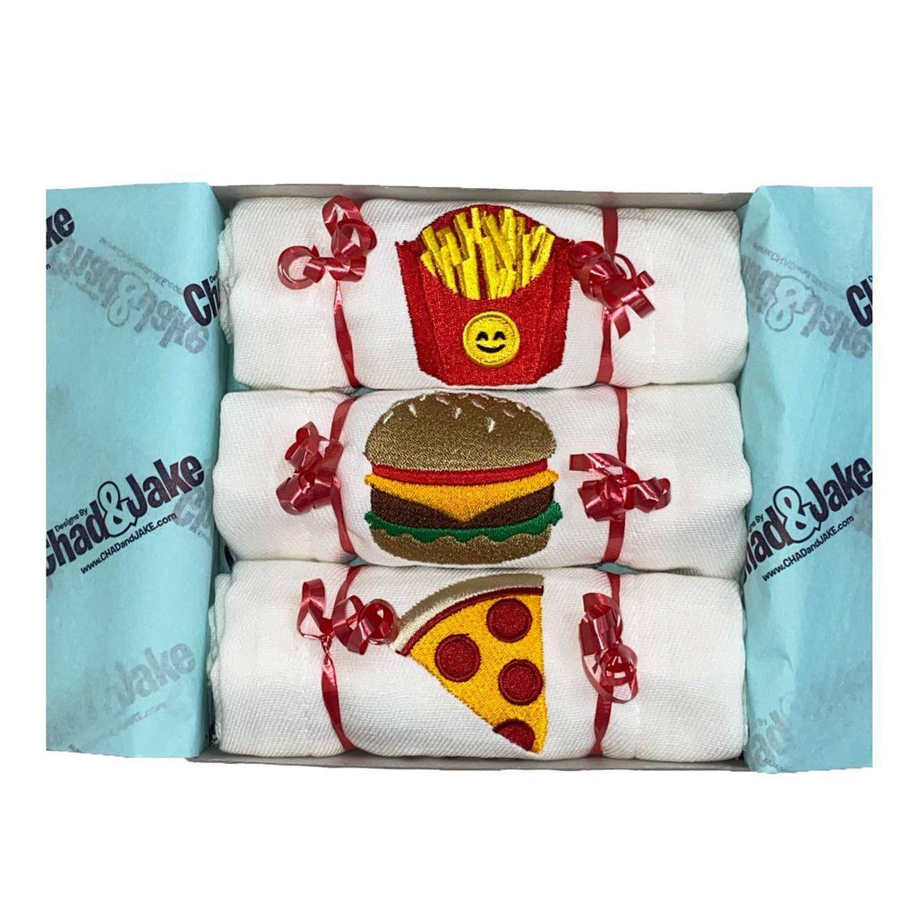 Personalized Emoji Burp Cloth - 3 Pack Junk Food Gift Box - Designs by Chad & Jake