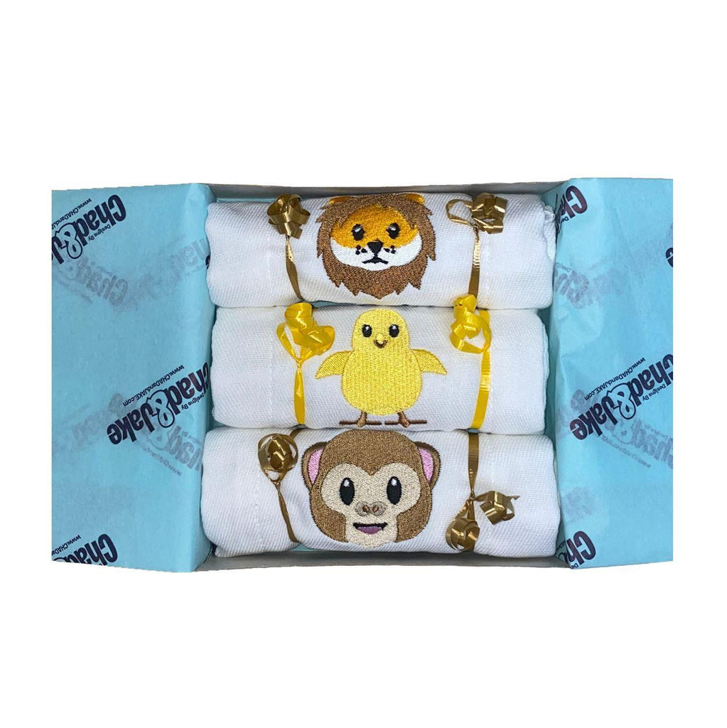 Personalized Emoji Burp Cloth - 3 Pack Zoo Animals Gift Box - Designs by Chad & Jake