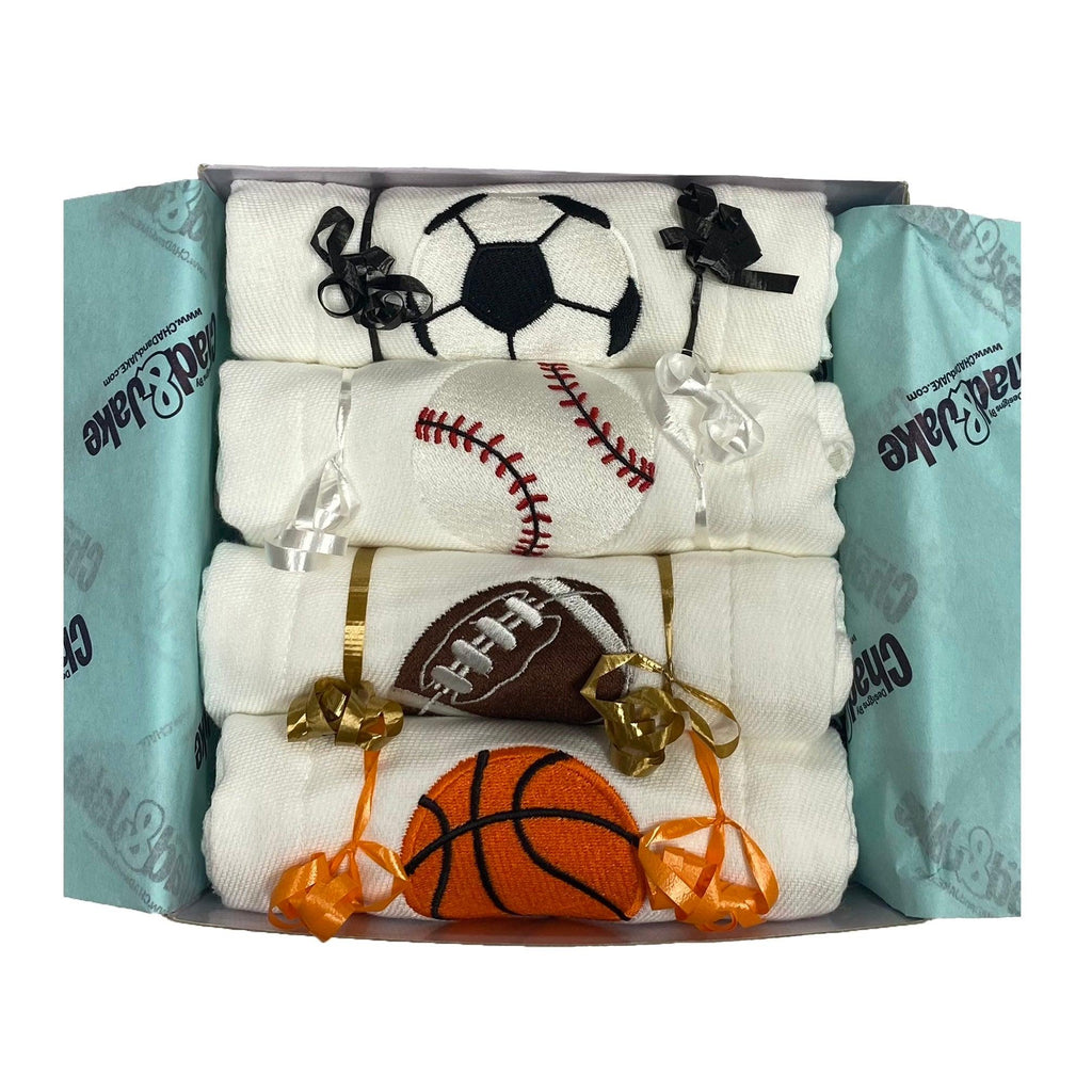 Personalized Emoji Burp Cloth - 4 Pack Sports Gift Box - Designs by Chad & Jake