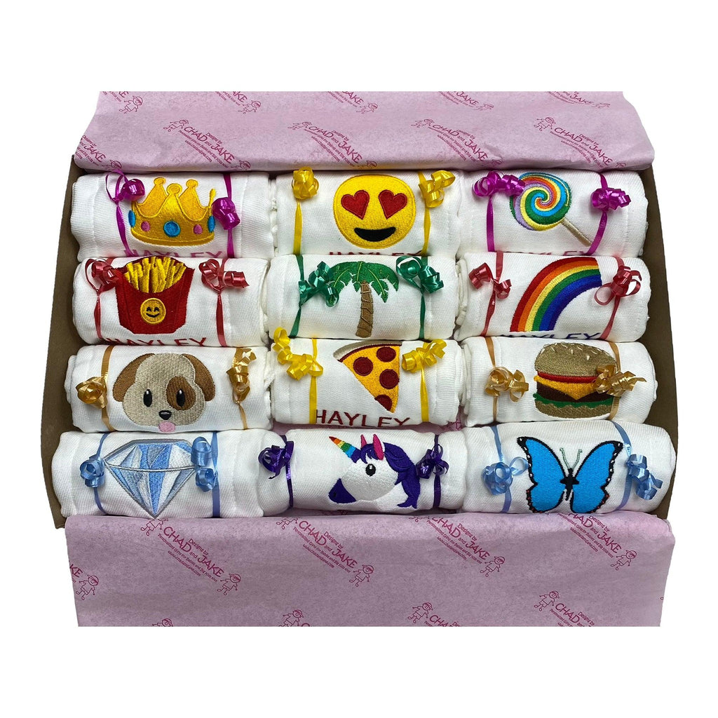 Personalized Emoji Burp Cloth - 12 Pack Choose Your Own Gift Box - Designs by Chad & Jake