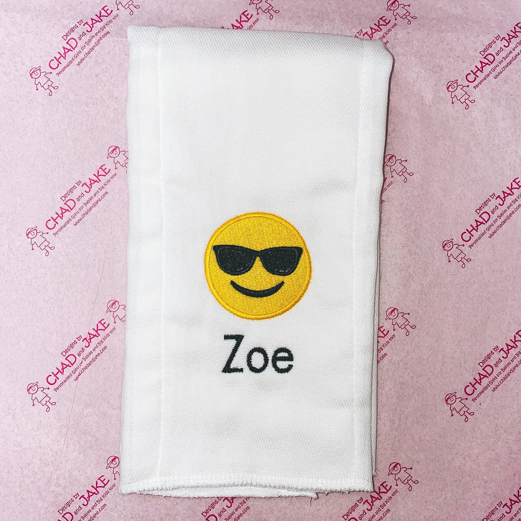 Personalized Sunglass Face Emoji Burp Cloth - Designs by Chad & Jake