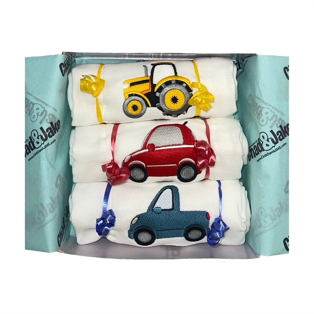 Personalized Emoji Burp Cloth - 3 Pack Vehicles Gift Box - Designs by Chad & Jake