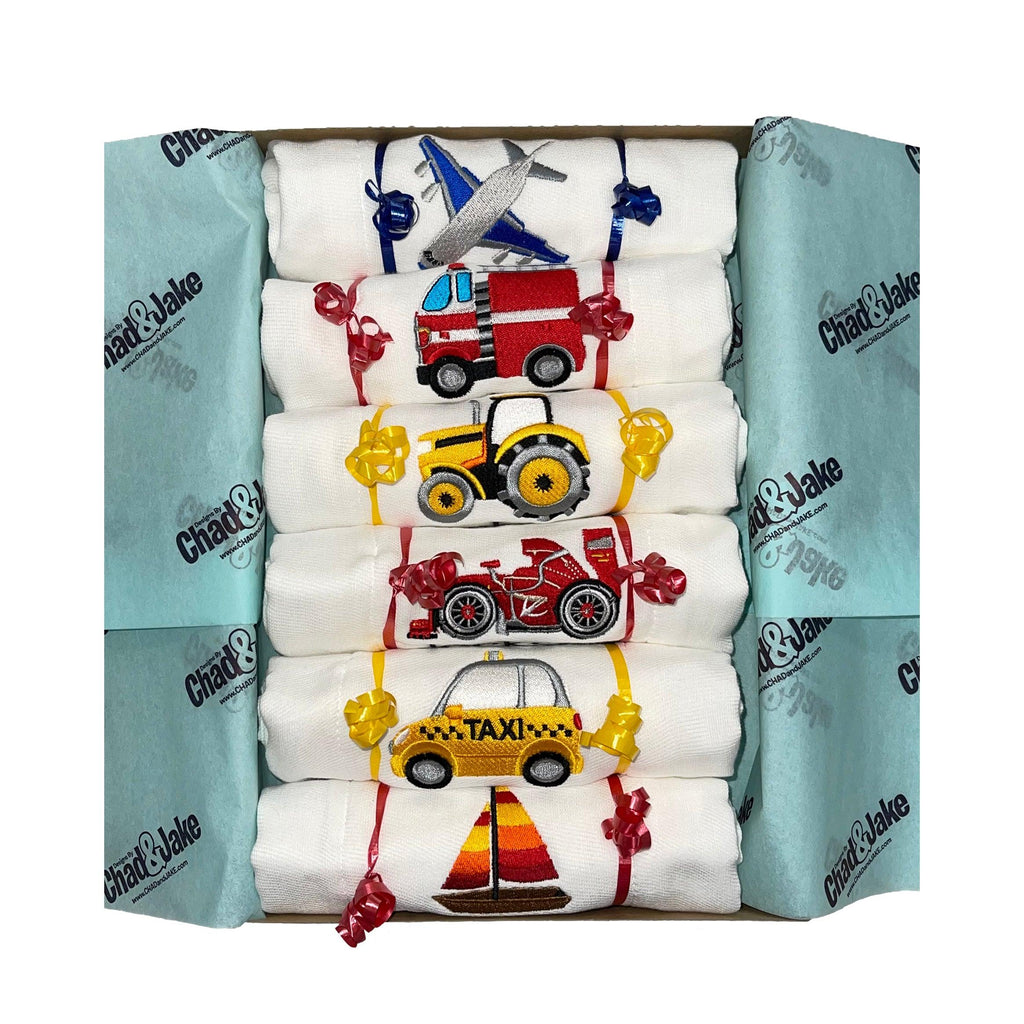 Personalized Emoji Burp Cloth - 6 Pack Vehicles Gift Box - Designs by Chad & Jake