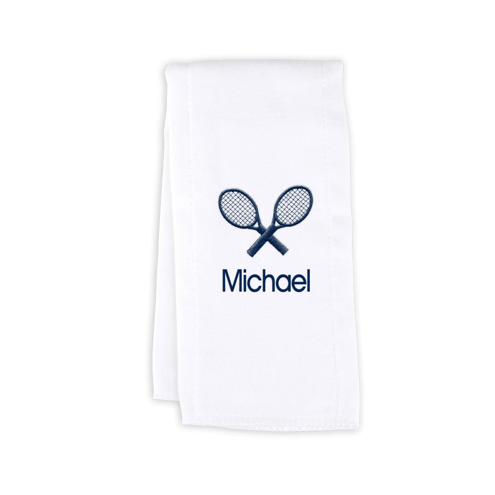 Personalized Burp Cloth with Tennis Rackets - Designs by Chad & Jake