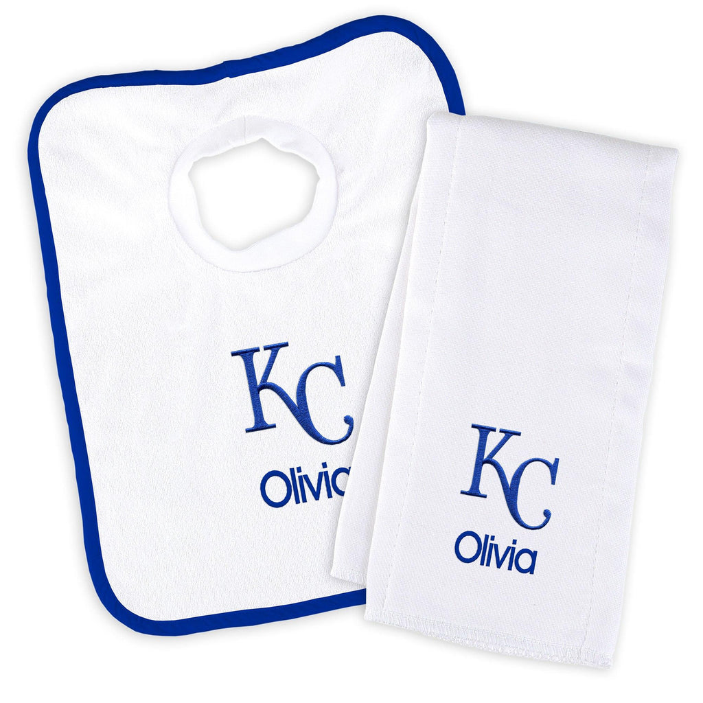 Personalized Kansas City Royals Bib & Burp Cloth Set - Designs by Chad & Jake