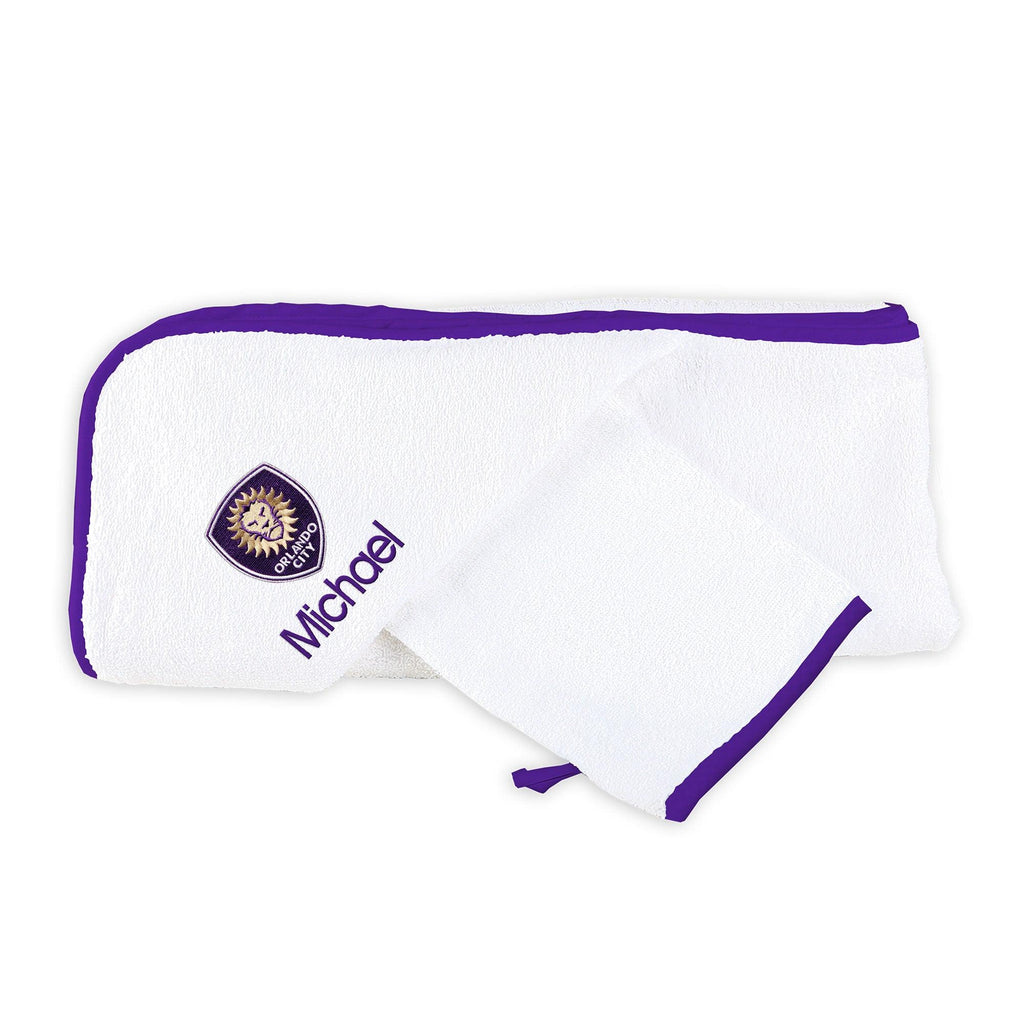 Personalized Orlando City Hooded Towel and Wash Mitt Set - Designs by Chad & Jake