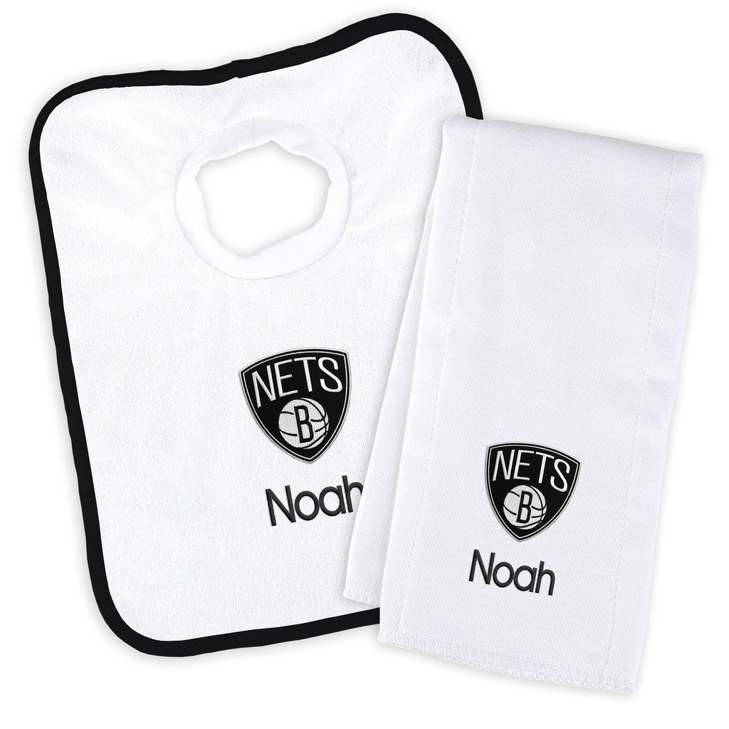 Personalized Brooklyn Nets Bib and Burp Cloth Set - Designs by Chad & Jake