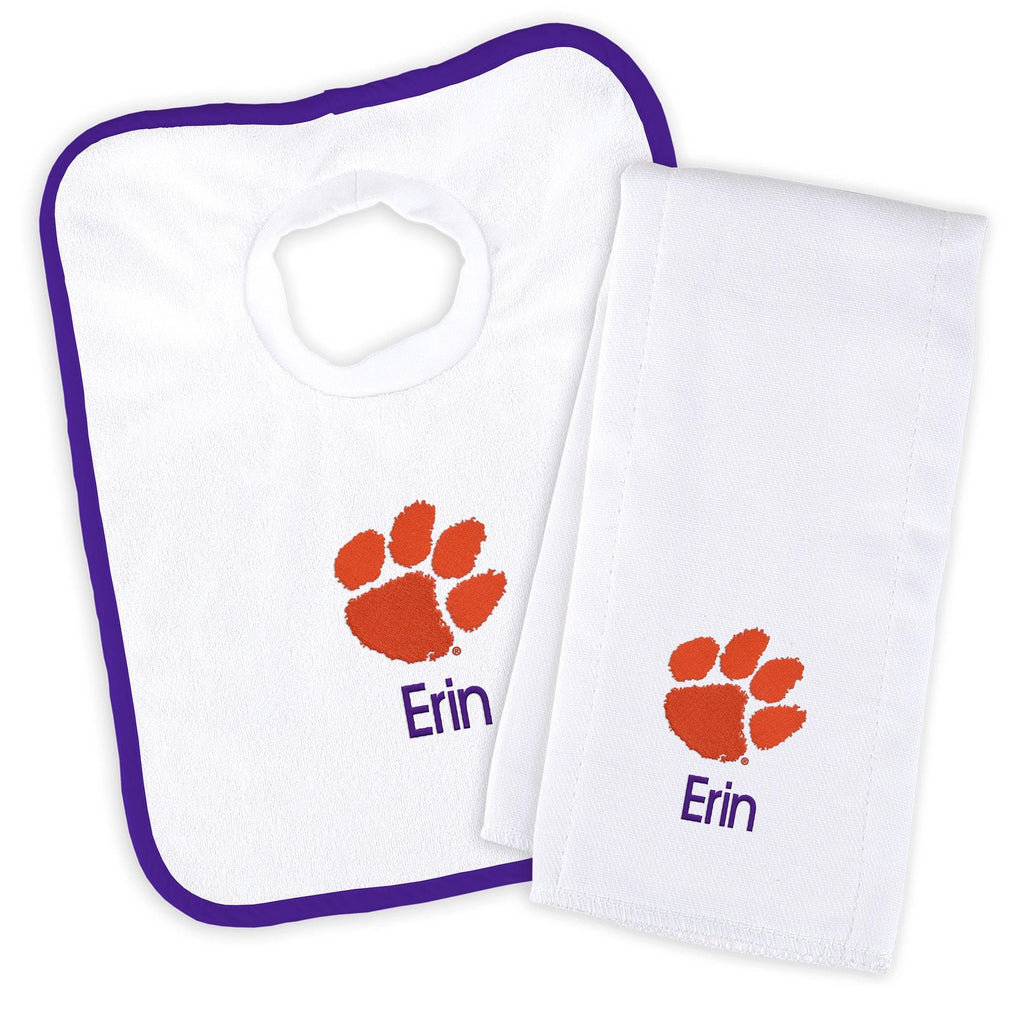 Personalized Clemson Tigers Bib and Burp Cloth Set - Designs by Chad & Jake