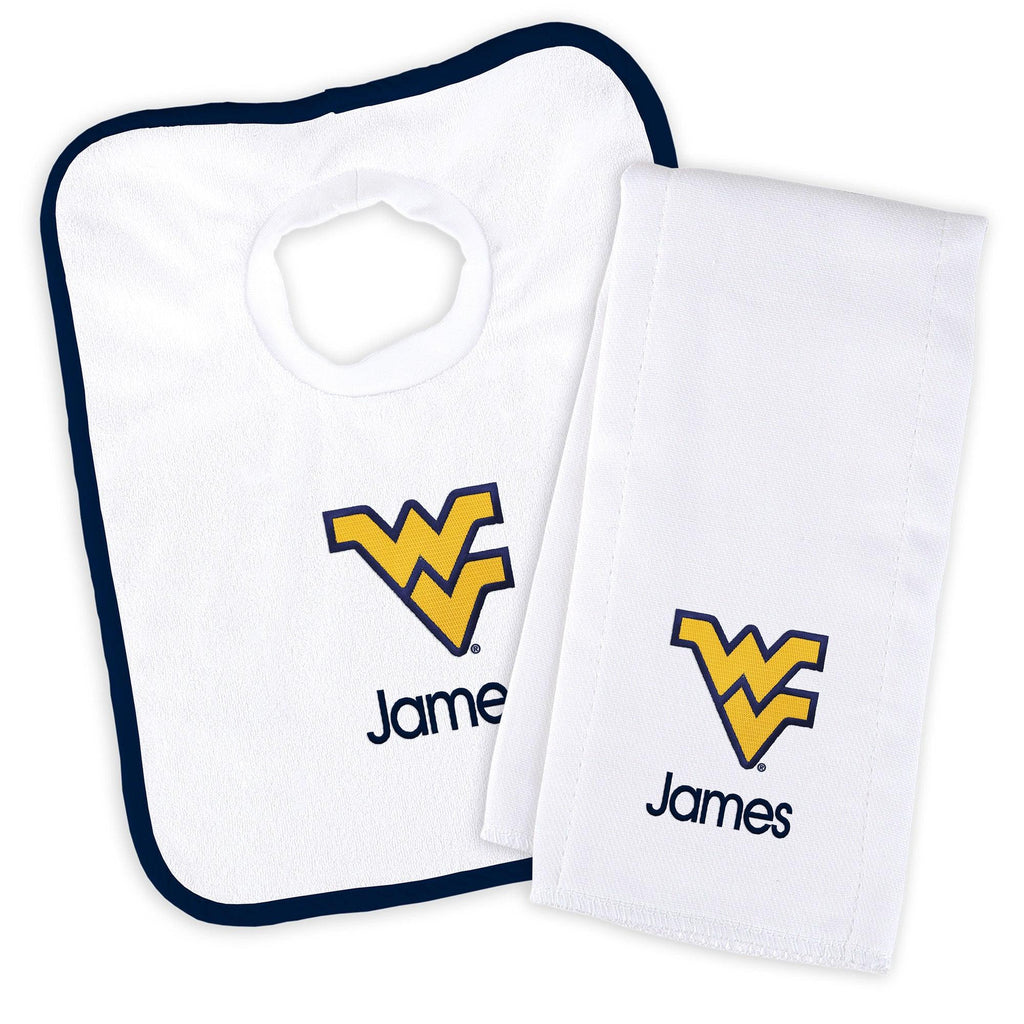Personalized West Virginia Mountaineers Bib and Burp Cloth Set - Designs by Chad & Jake