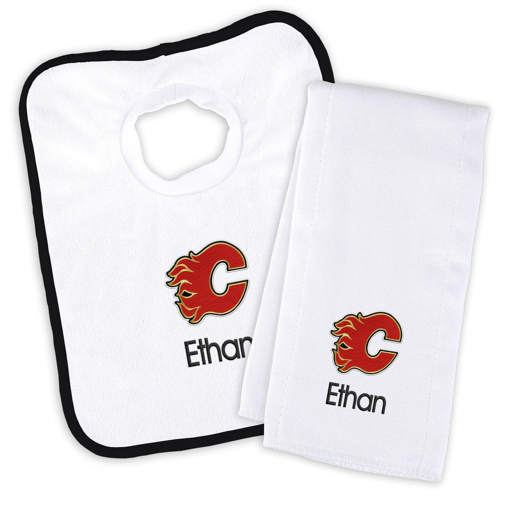 Personalized Calgary Flames Bib & Burp Cloth Set - Designs by Chad & Jake