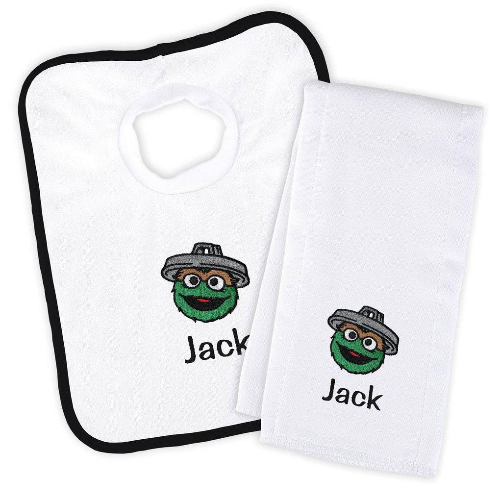 Personalized Sesame Street Oscar The Grouch with Trash Lid Bib & Burp Cloth Set - Designs by Chad & Jake