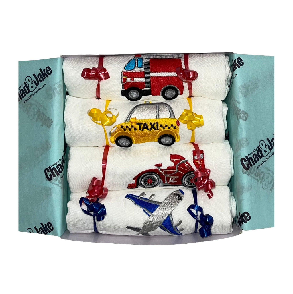 Personalized Emoji Burp Cloth - 4 Pack Vehicles Gift Box - Designs by Chad & Jake